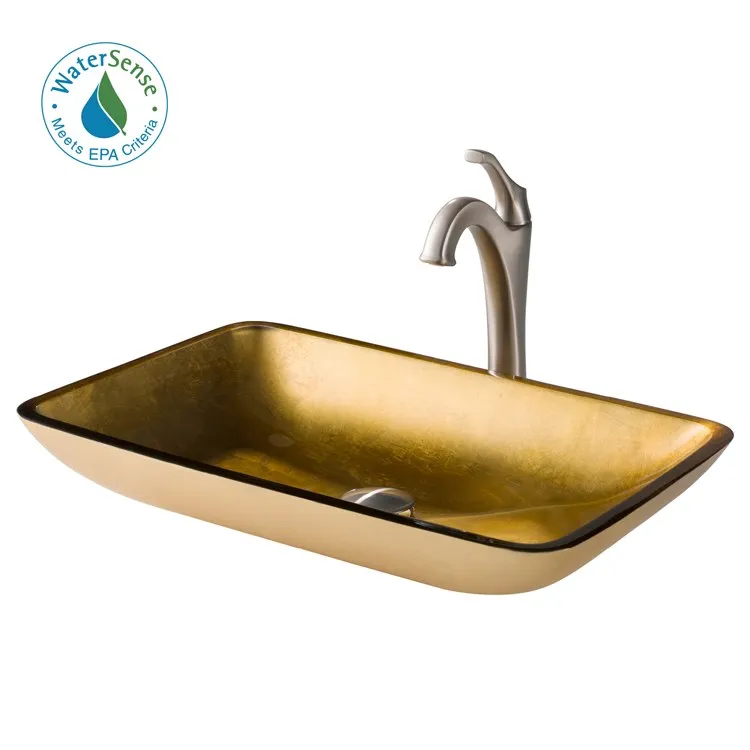 22" Rectangular Gold Glass Bathroom Vessel Sink and Spot Free Arlo Faucet Combo Set with Pop-Up Drain