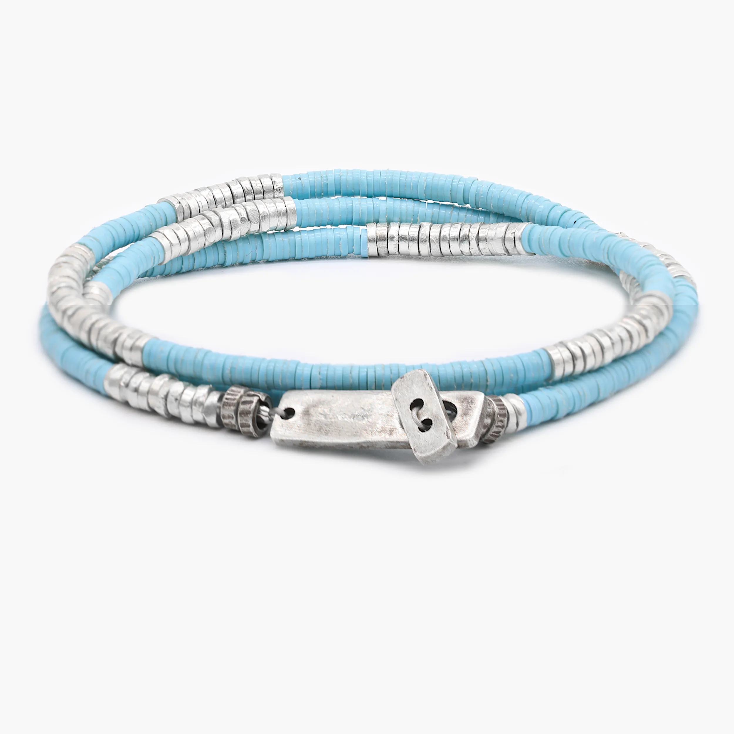 3 Laps Bracelet With Vinyl And Sterling Silver Beads (Light Blue)