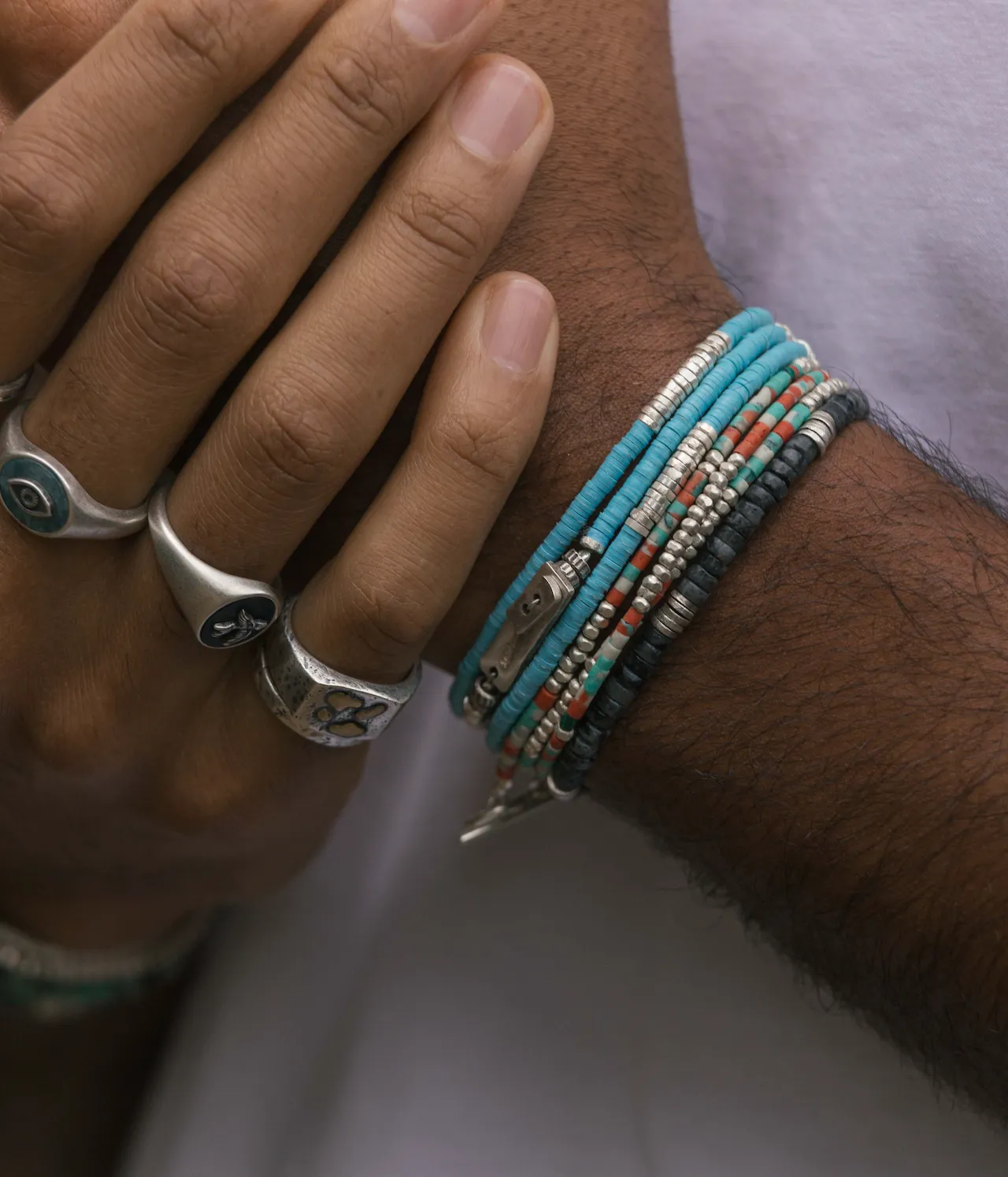 3 Laps Bracelet With Vinyl And Sterling Silver Beads (Light Blue)