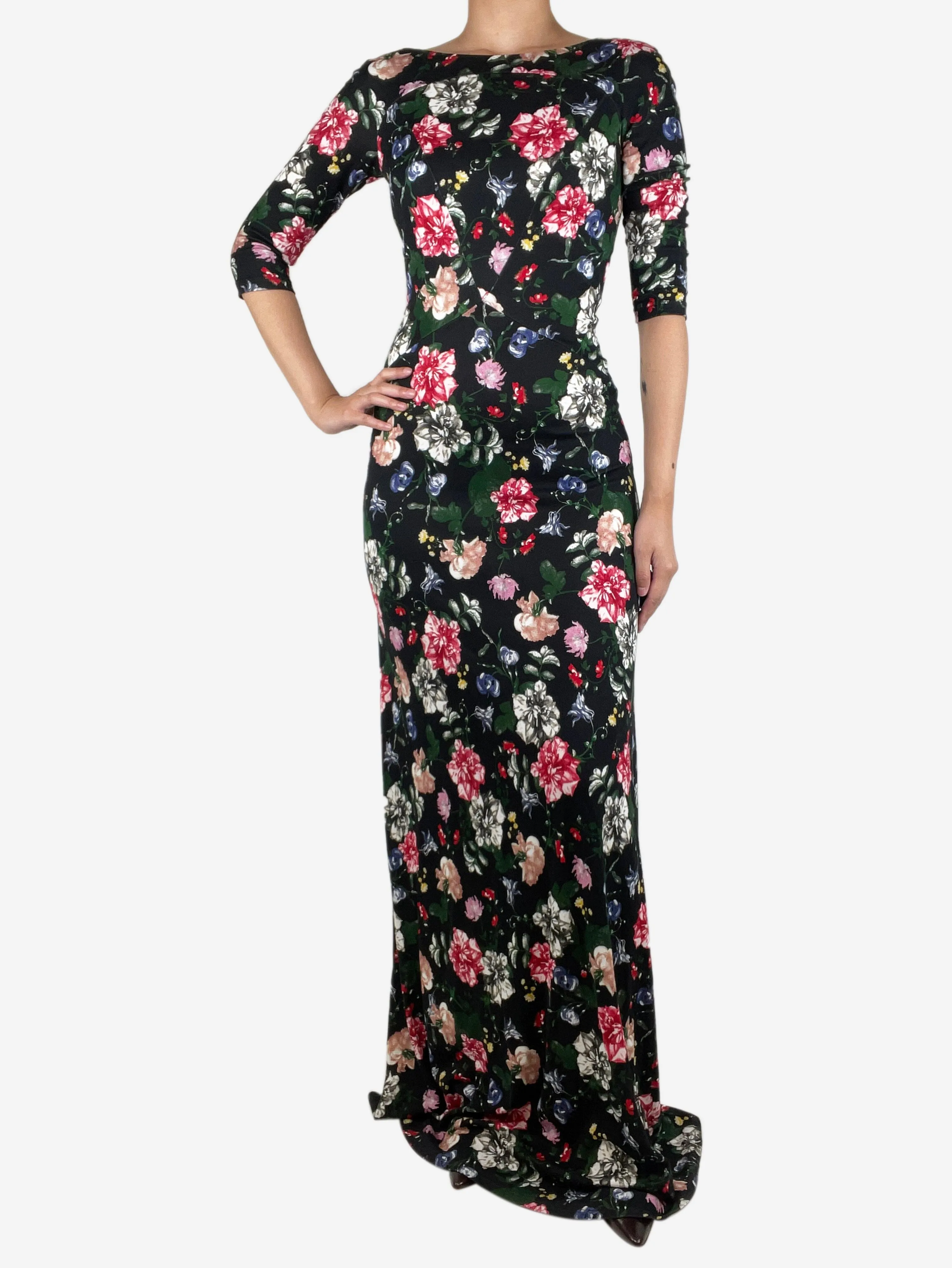 Black floral-printed jersey maxi dress - size UK 10