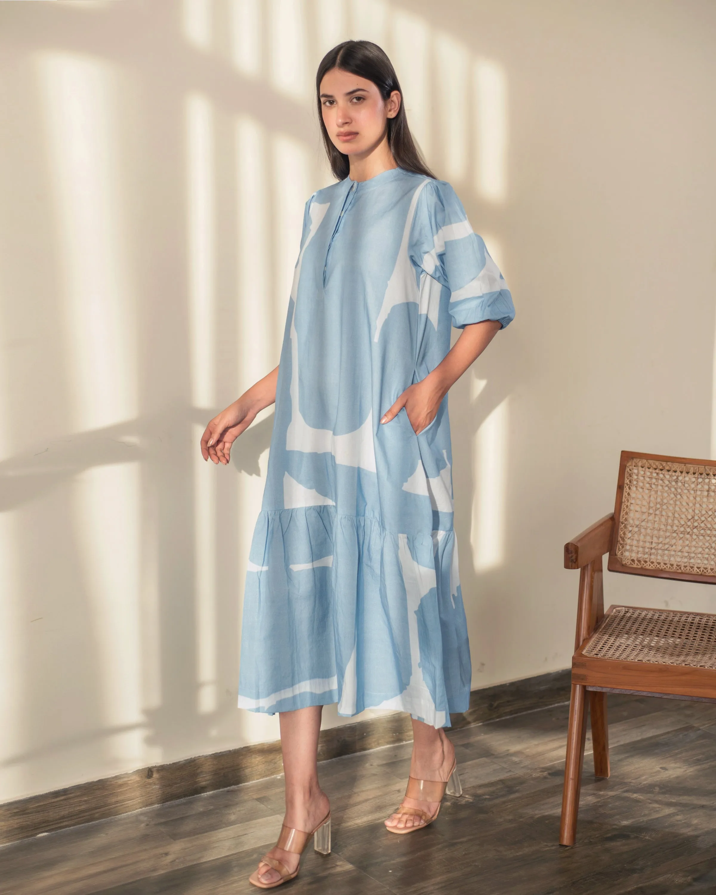 Blue Abstract Print Bottom Flare Dress