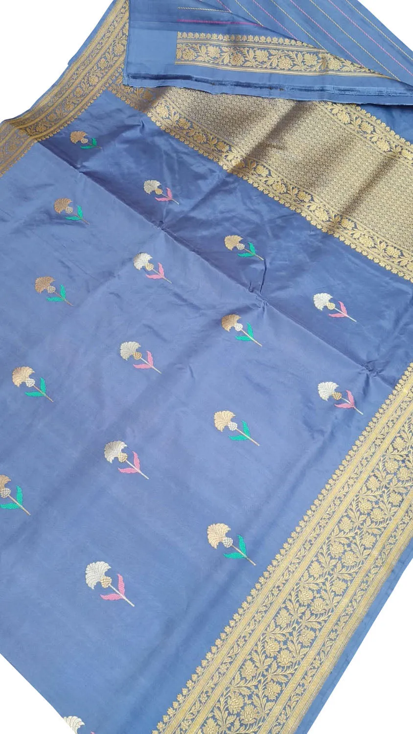 Blue Banarasi Pure Katan Silk Handloom Flower Design Saree