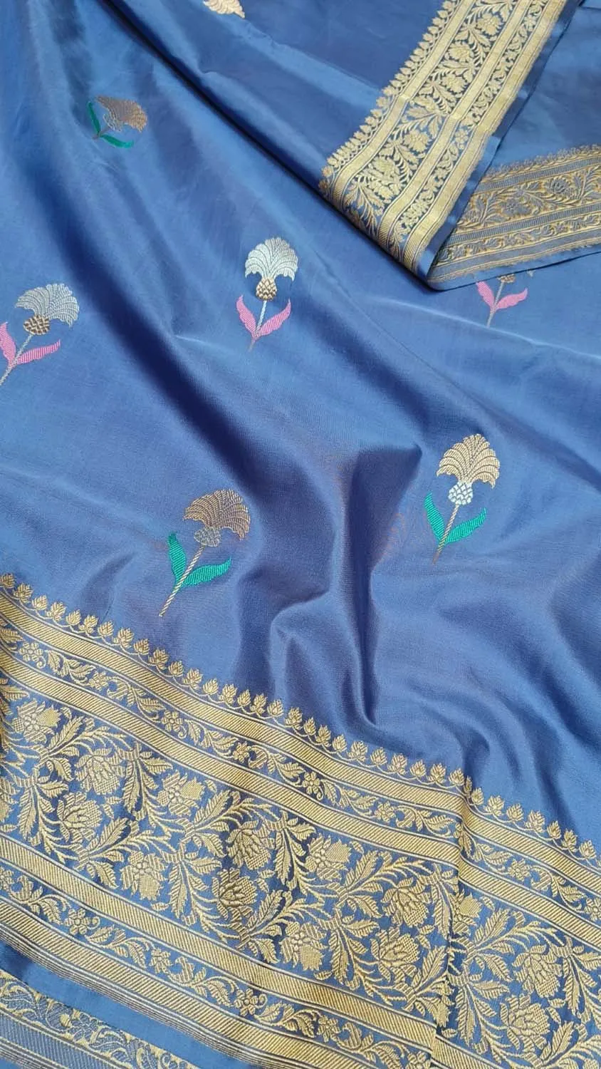 Blue Banarasi Pure Katan Silk Handloom Flower Design Saree