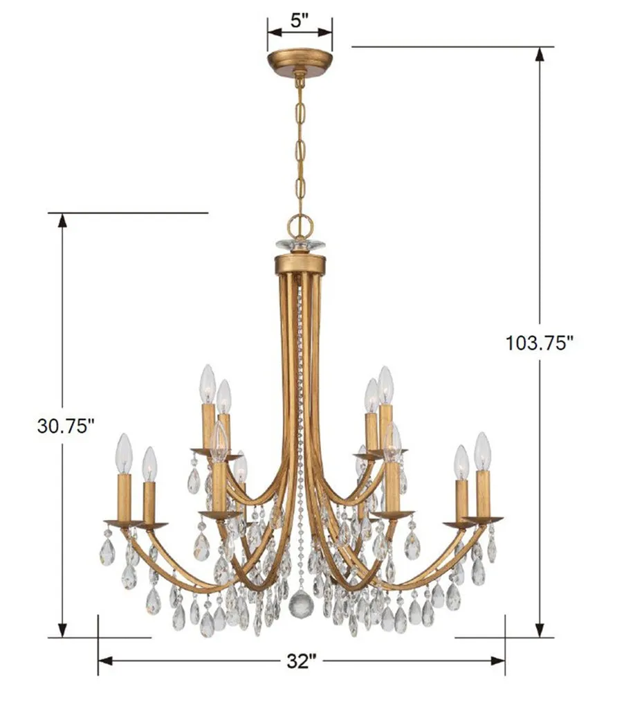 Bridgehampton 12 Light Swarovski Strass Crystal Antique Gold Chandelier