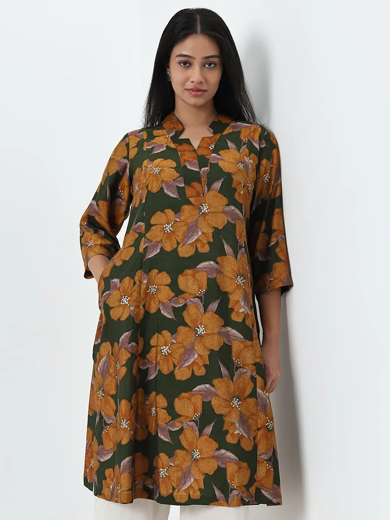 Diza Dark Green Floral Printed A-Line Kurta