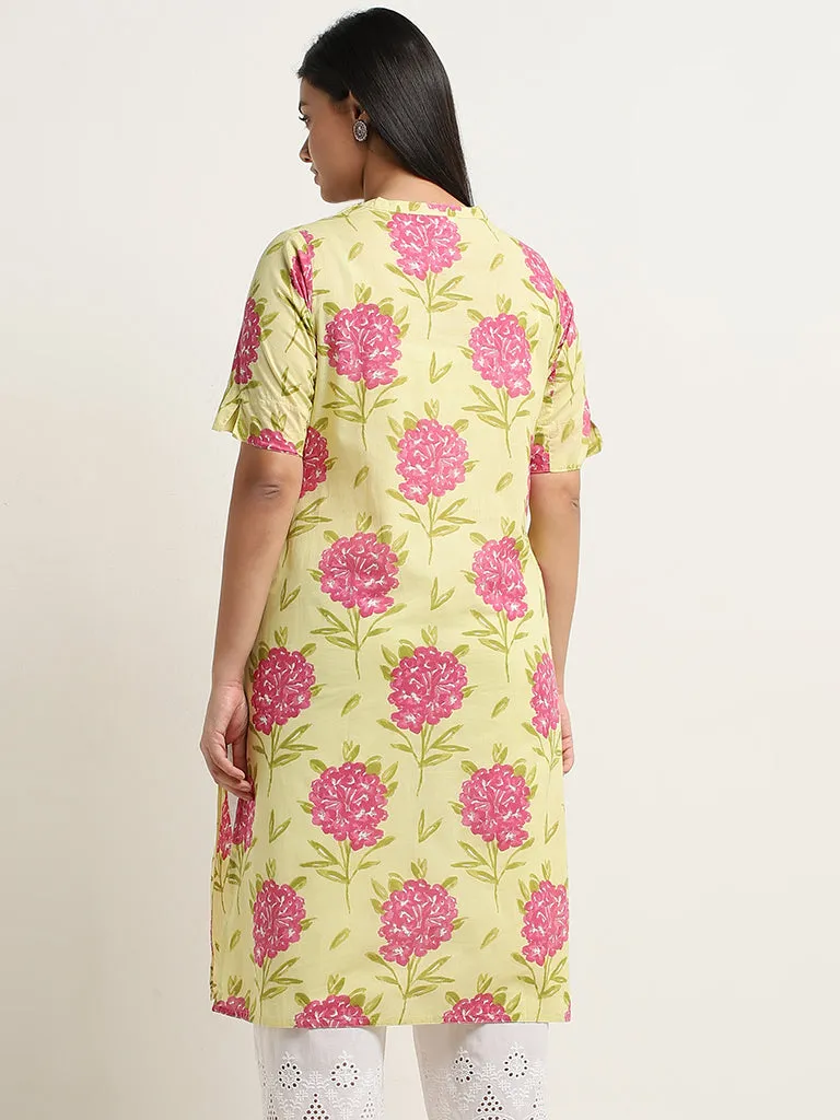 Diza Yellow Floral Printed Straight Cotton Kurta