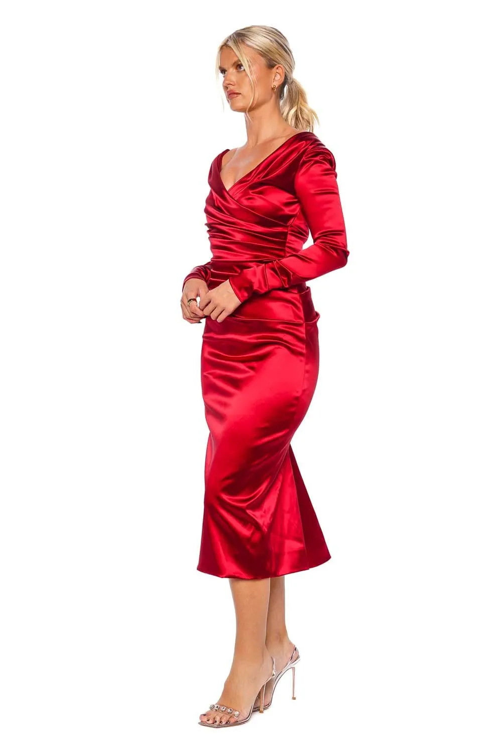 Draped Satin Long Sleeve Midi Dress