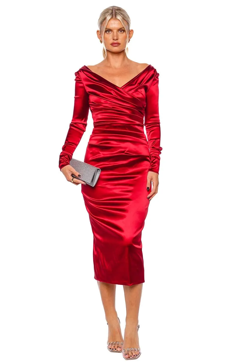 Draped Satin Long Sleeve Midi Dress