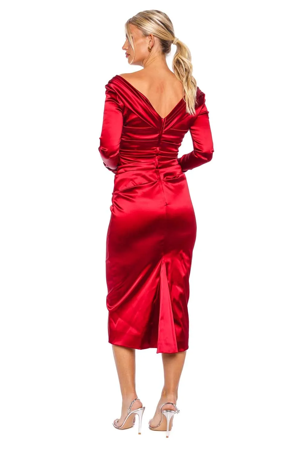 Draped Satin Long Sleeve Midi Dress