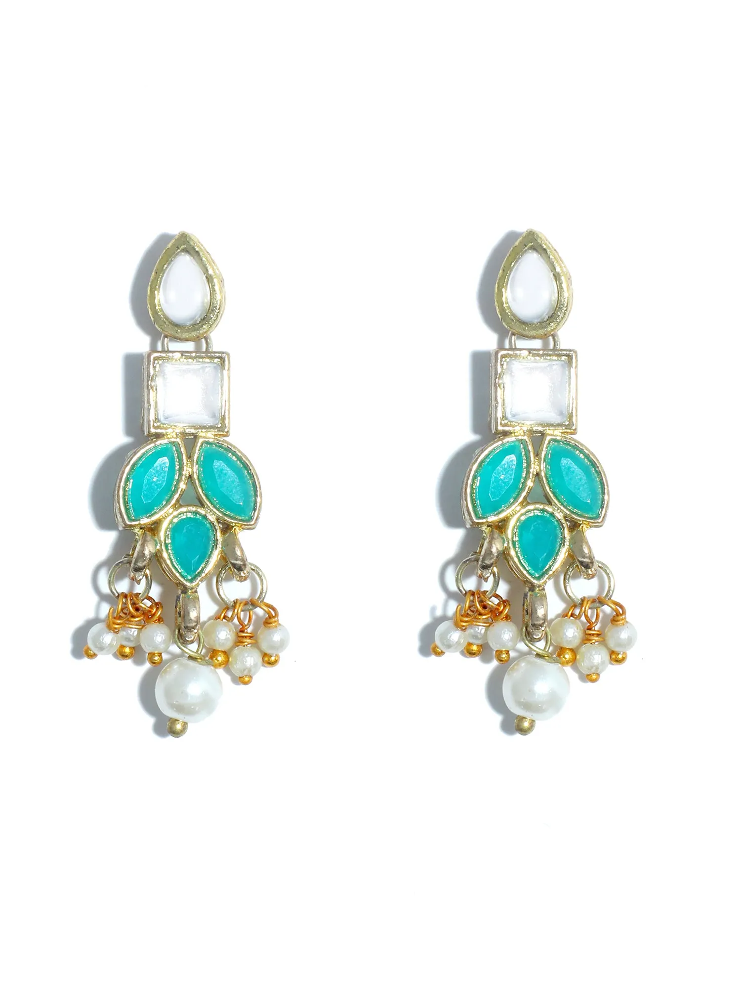 Gold Plated Pearl Beads Mint Blue Kundan Dangler Earrings for Women