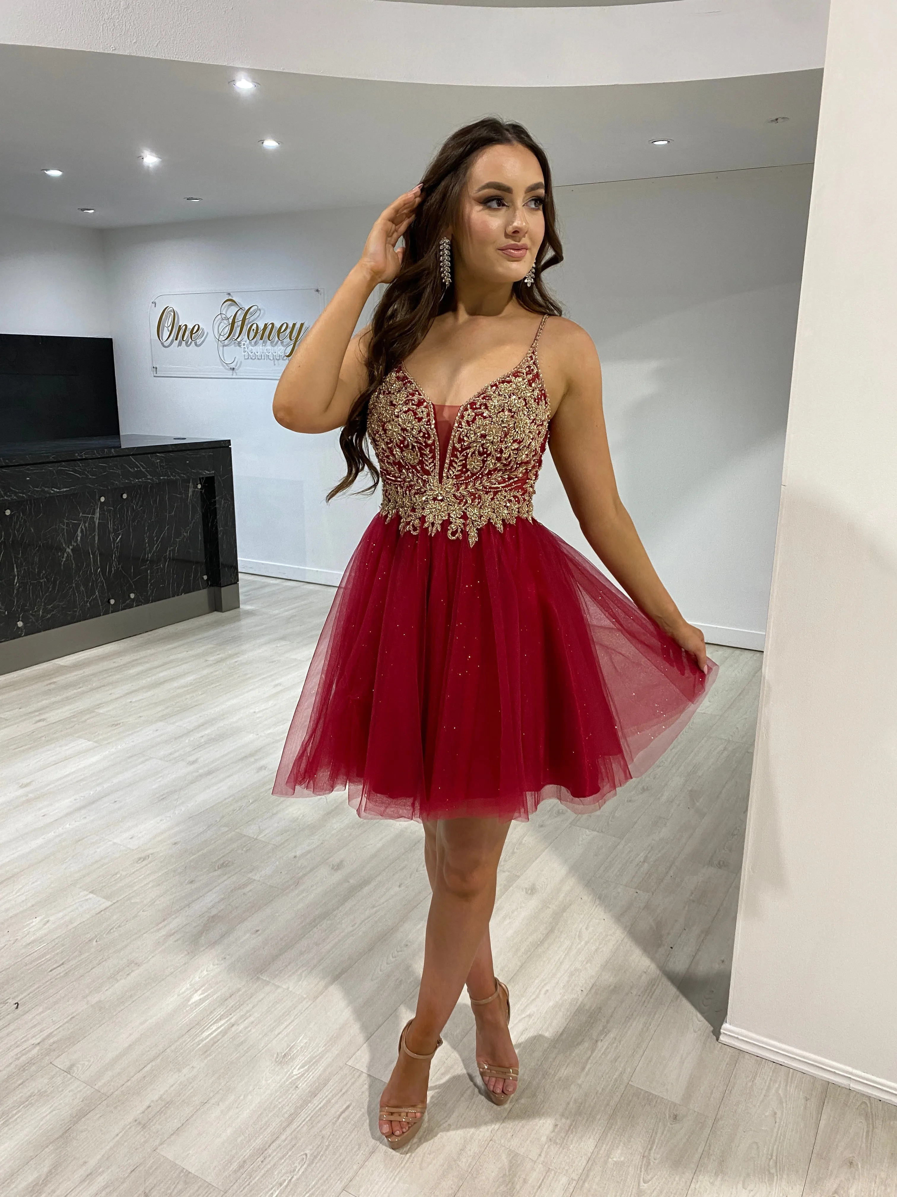 Honey Couture AMBROSIA Burgundy & Gold Sequin Beaded Strap Tulle Frilly Party Dress