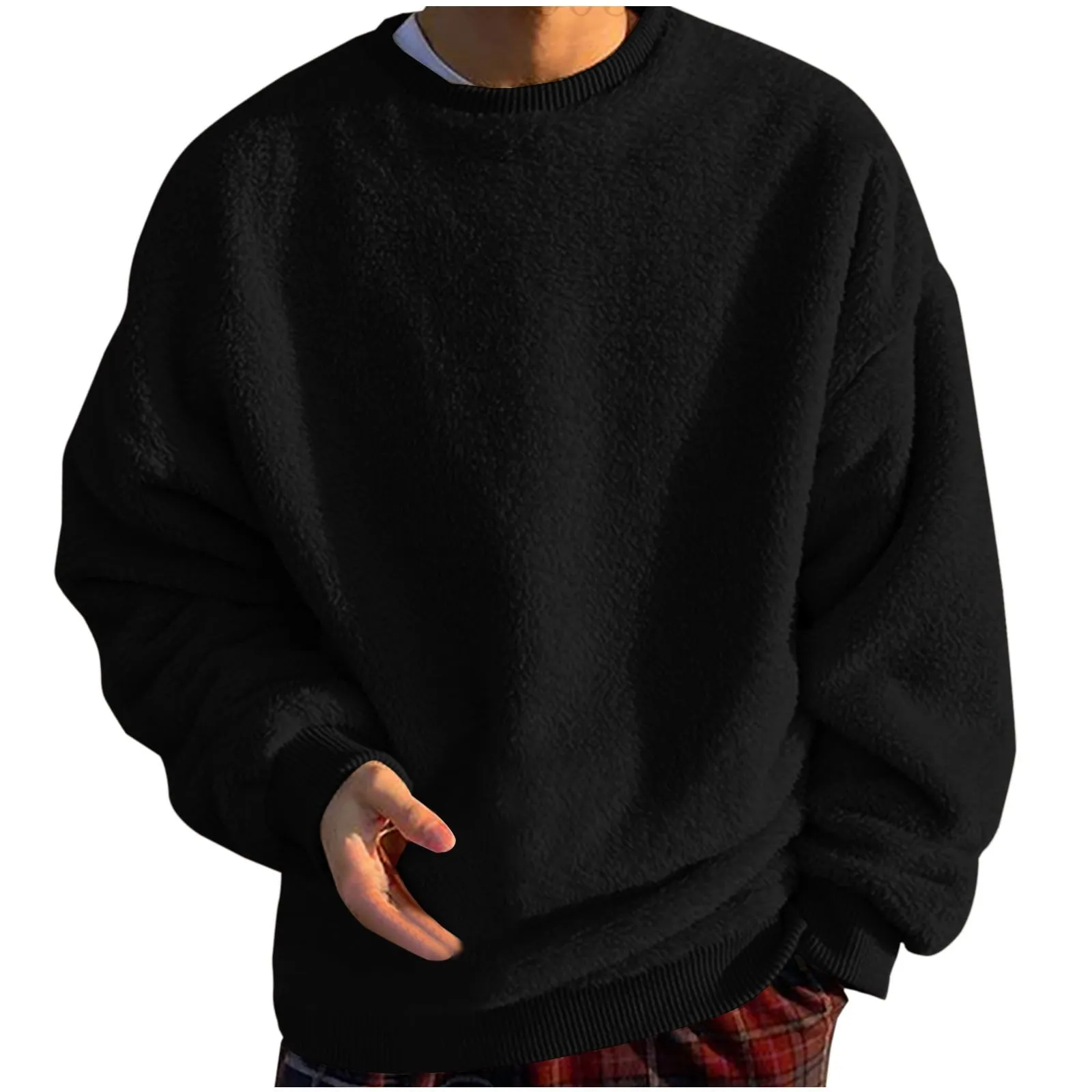 Men's Fleece Oversized Solid Drop Shoulder Shirts Winter Long Sleeve round Neck Shirt Big and Tall Loose Fit Streetwear Tops Black 5XL