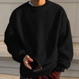 Men's Fleece Oversized Solid Drop Shoulder Shirts Winter Long Sleeve round Neck Shirt Big and Tall Loose Fit Streetwear Tops Black 5XL
