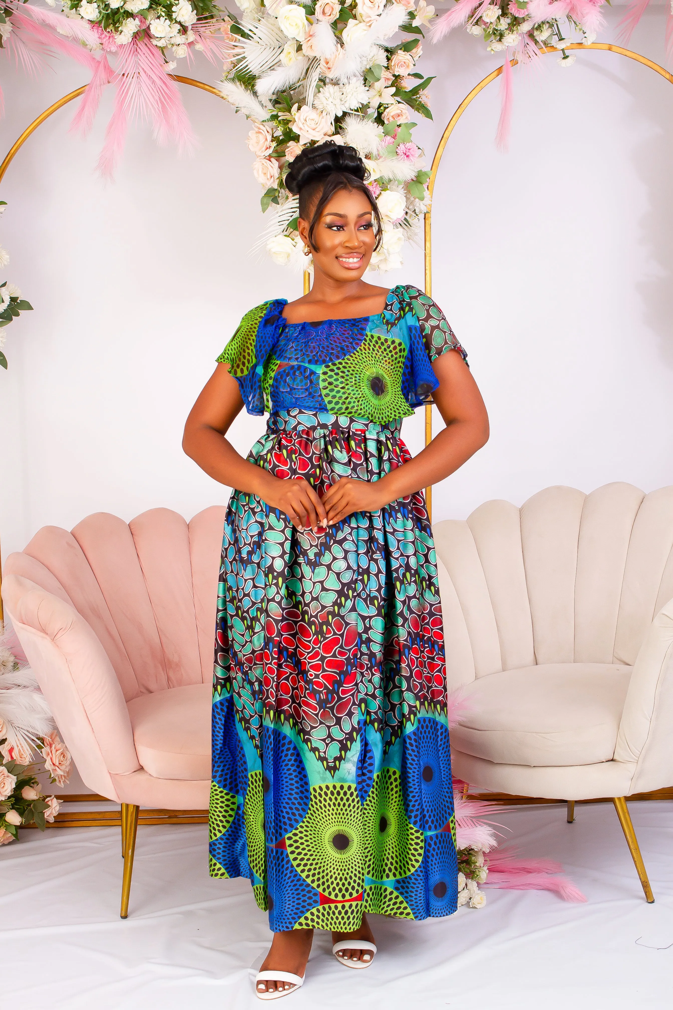 New in Adire Silk Print Maxi Off Shoulder Dress - Isha