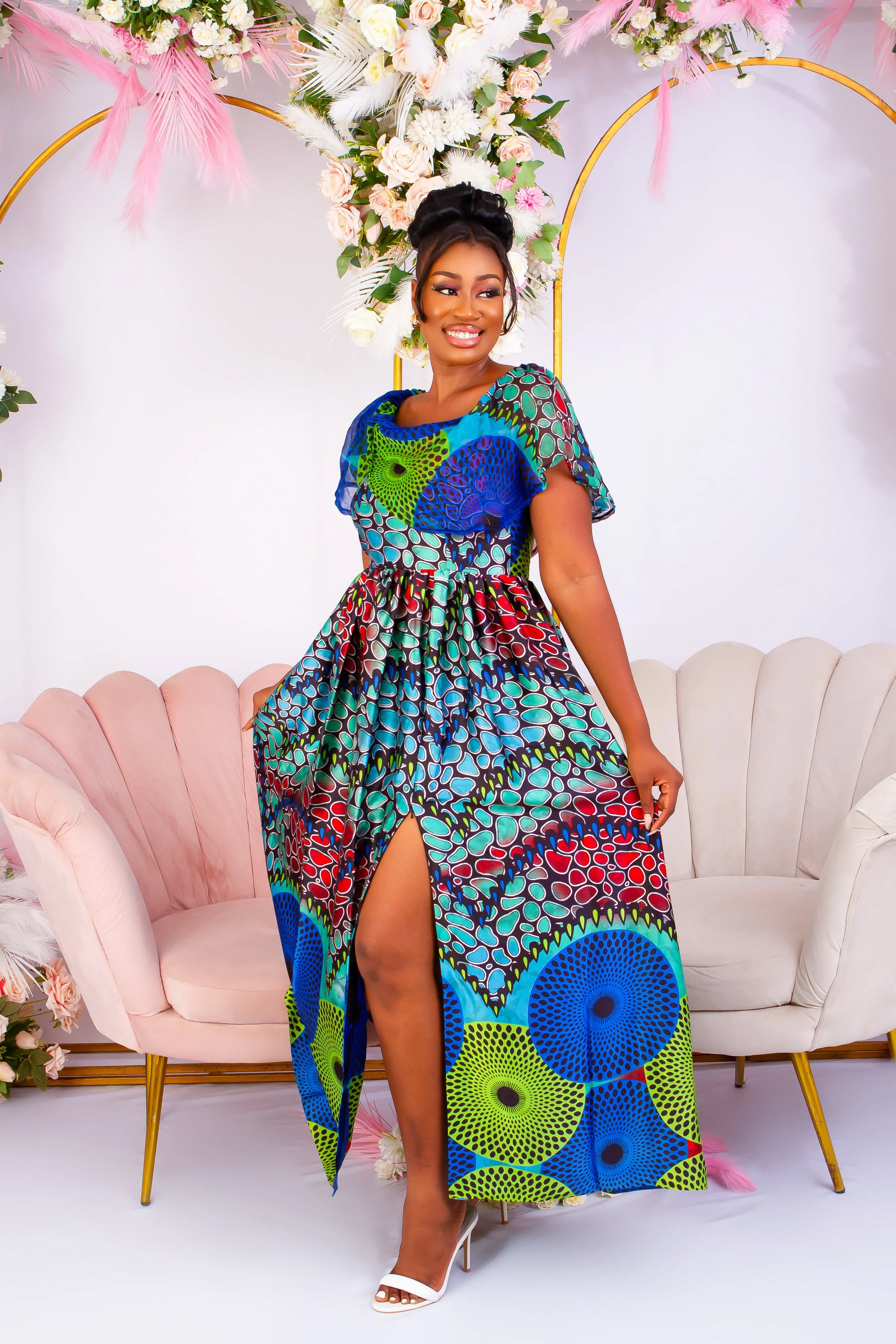 New in Adire Silk Print Maxi Off Shoulder Dress - Isha
