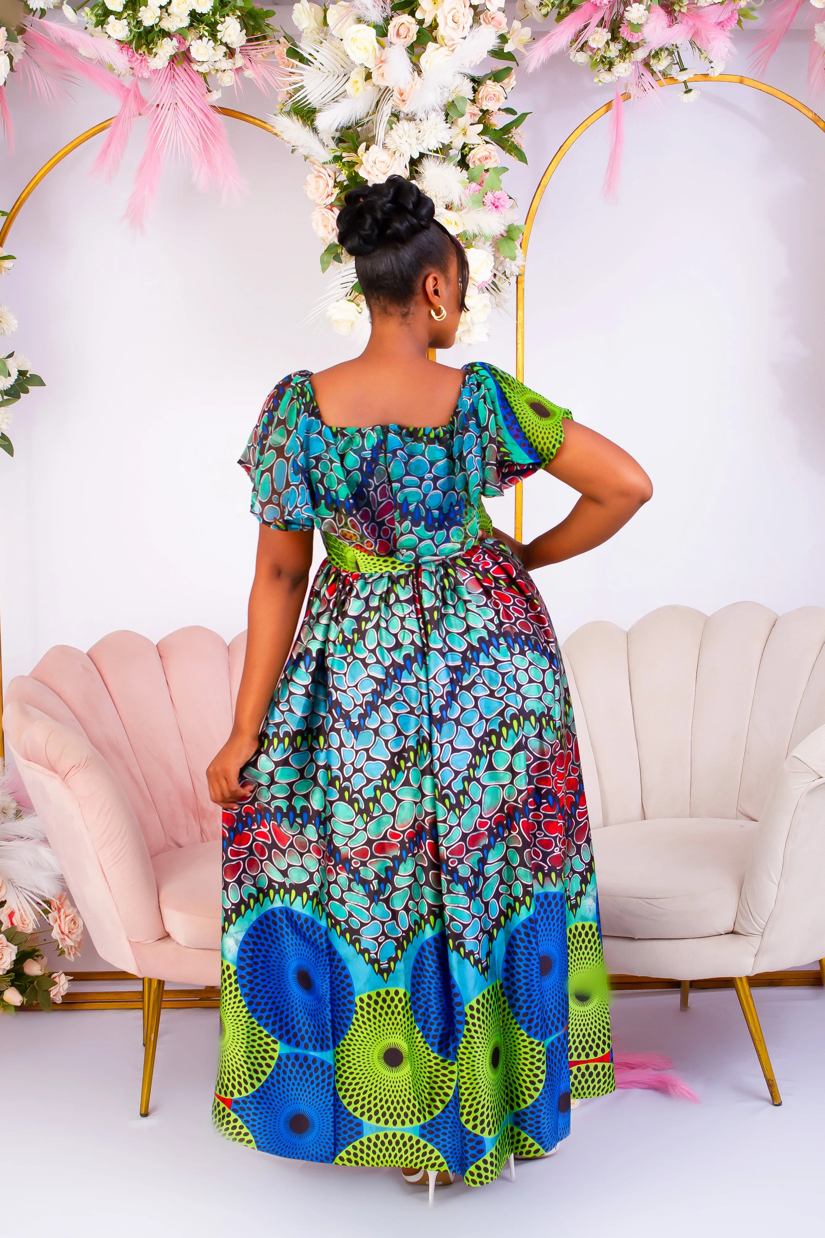 New in Adire Silk Print Maxi Off Shoulder Dress - Isha