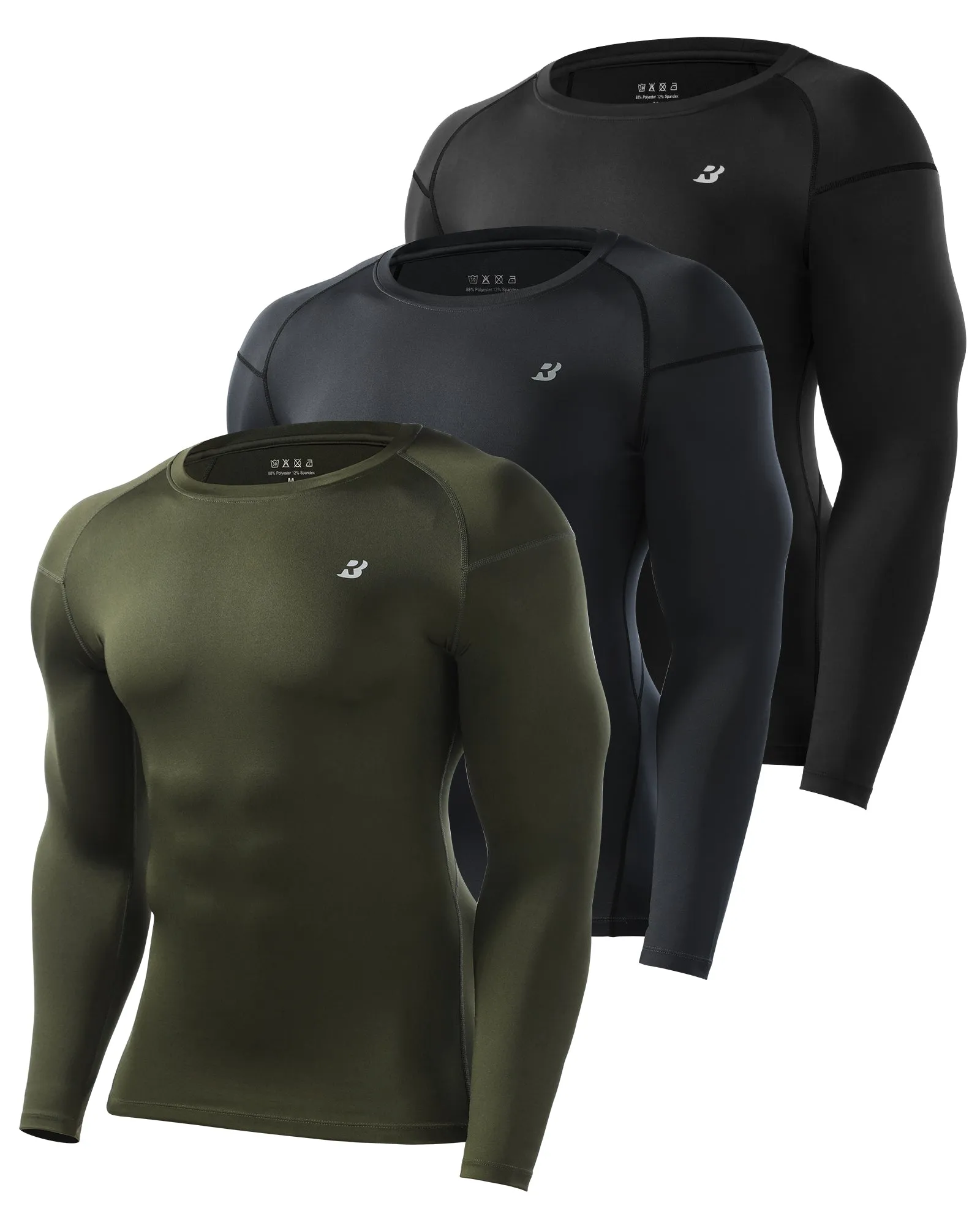 Roadbox Mens Long Sleeve Compression Shirts 3 Pack Cold Weather Thermal Underwear Base Layer Tops for Running Baseball