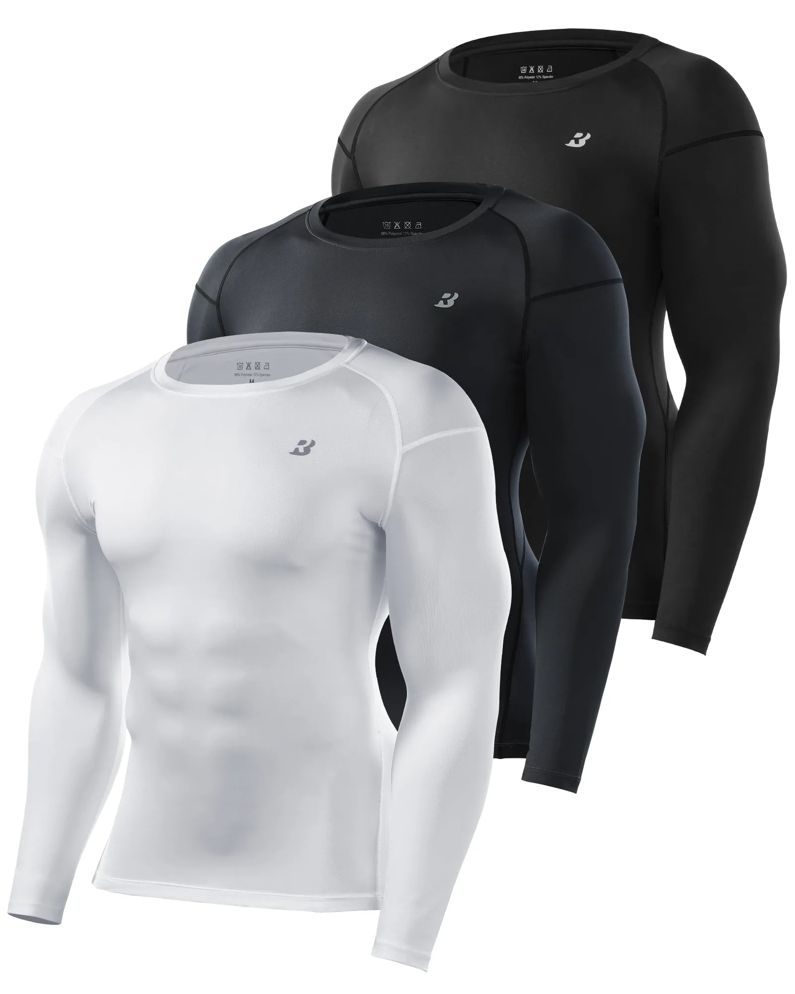 Roadbox Mens Long Sleeve Compression Shirts 3 Pack Cold Weather Thermal Underwear Base Layer Tops for Running Baseball