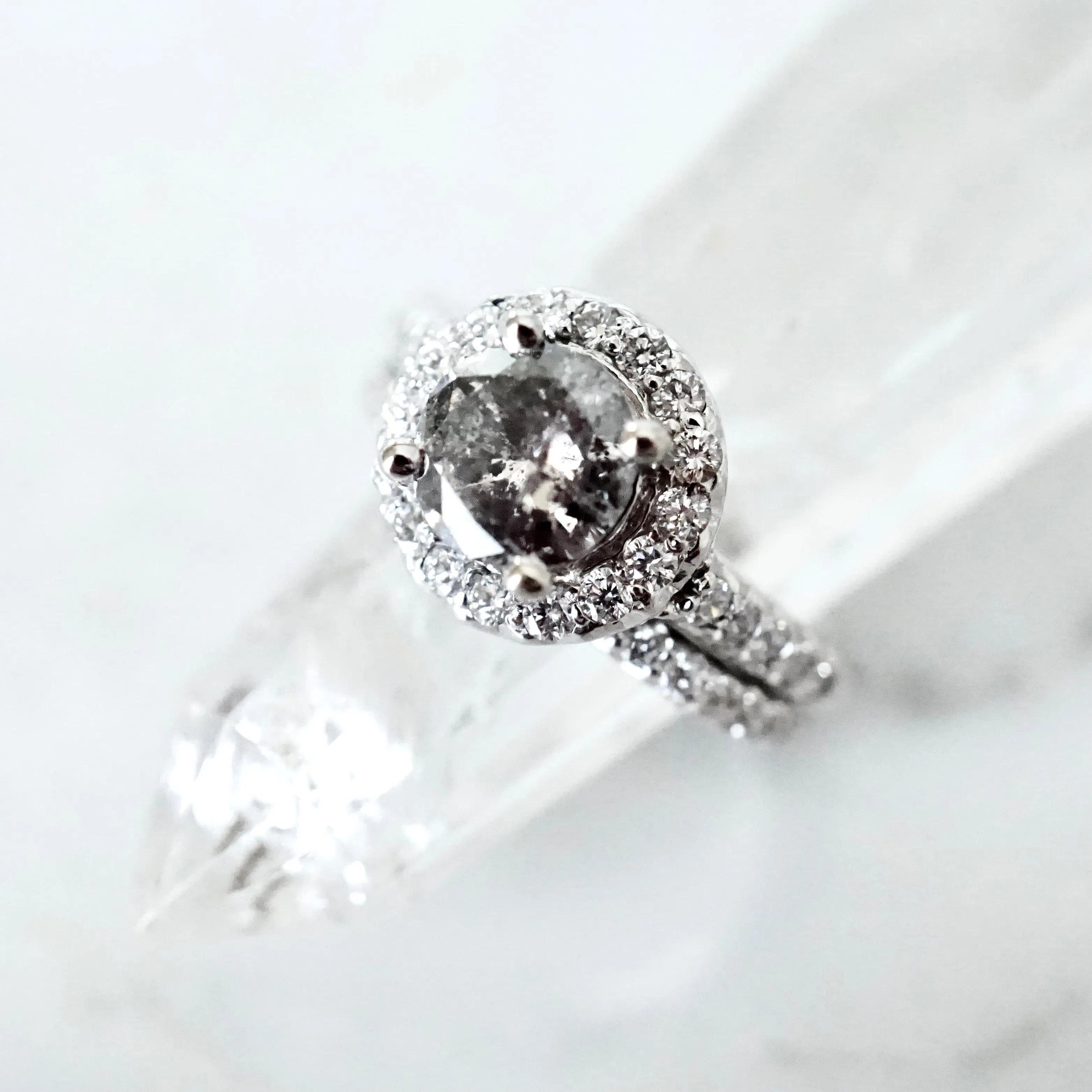 Salt and Pepper Diamond Halo Engagement Ring - Grey Diamond Ring - Women's White Gold Diamond Ring