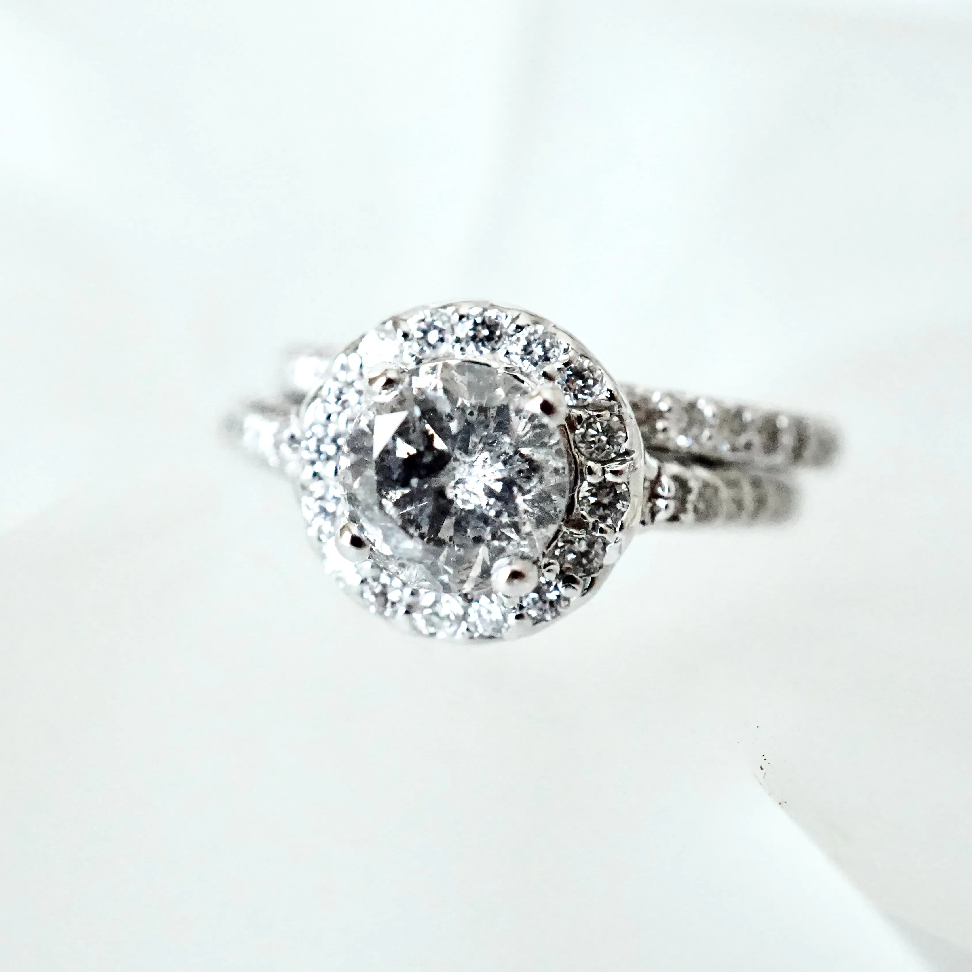 Salt and Pepper Diamond Halo Engagement Ring - Grey Diamond Ring - Women's White Gold Diamond Ring