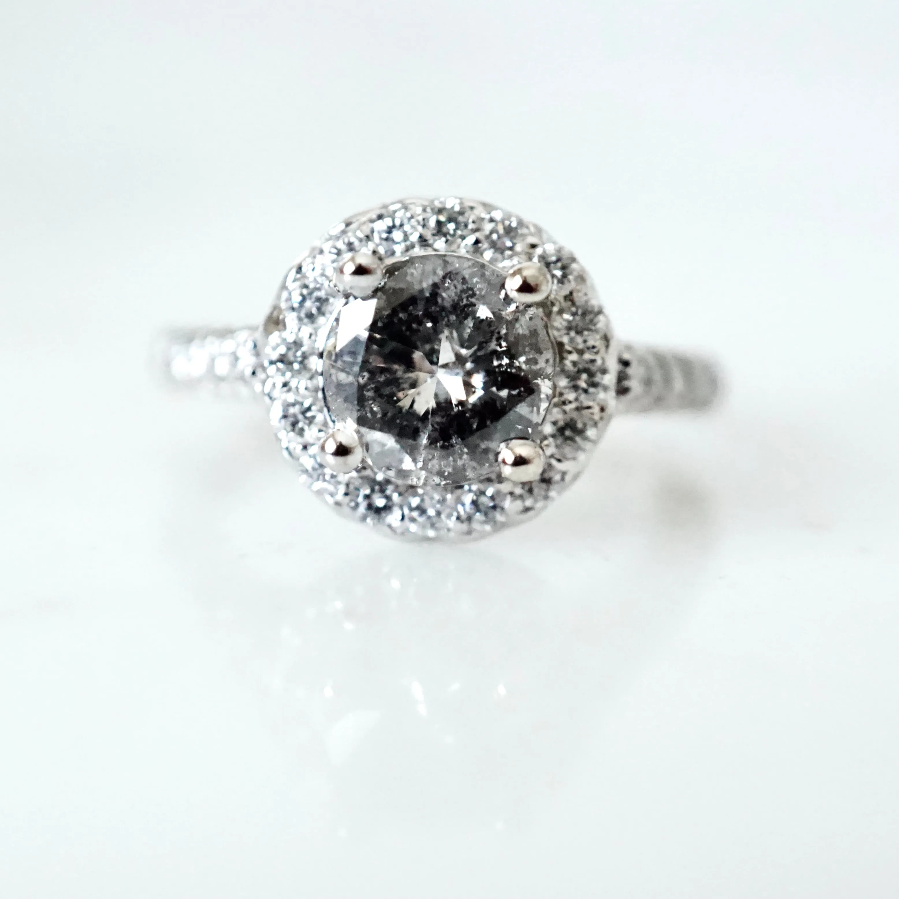 Salt and Pepper Diamond Halo Engagement Ring - Grey Diamond Ring - Women's White Gold Diamond Ring