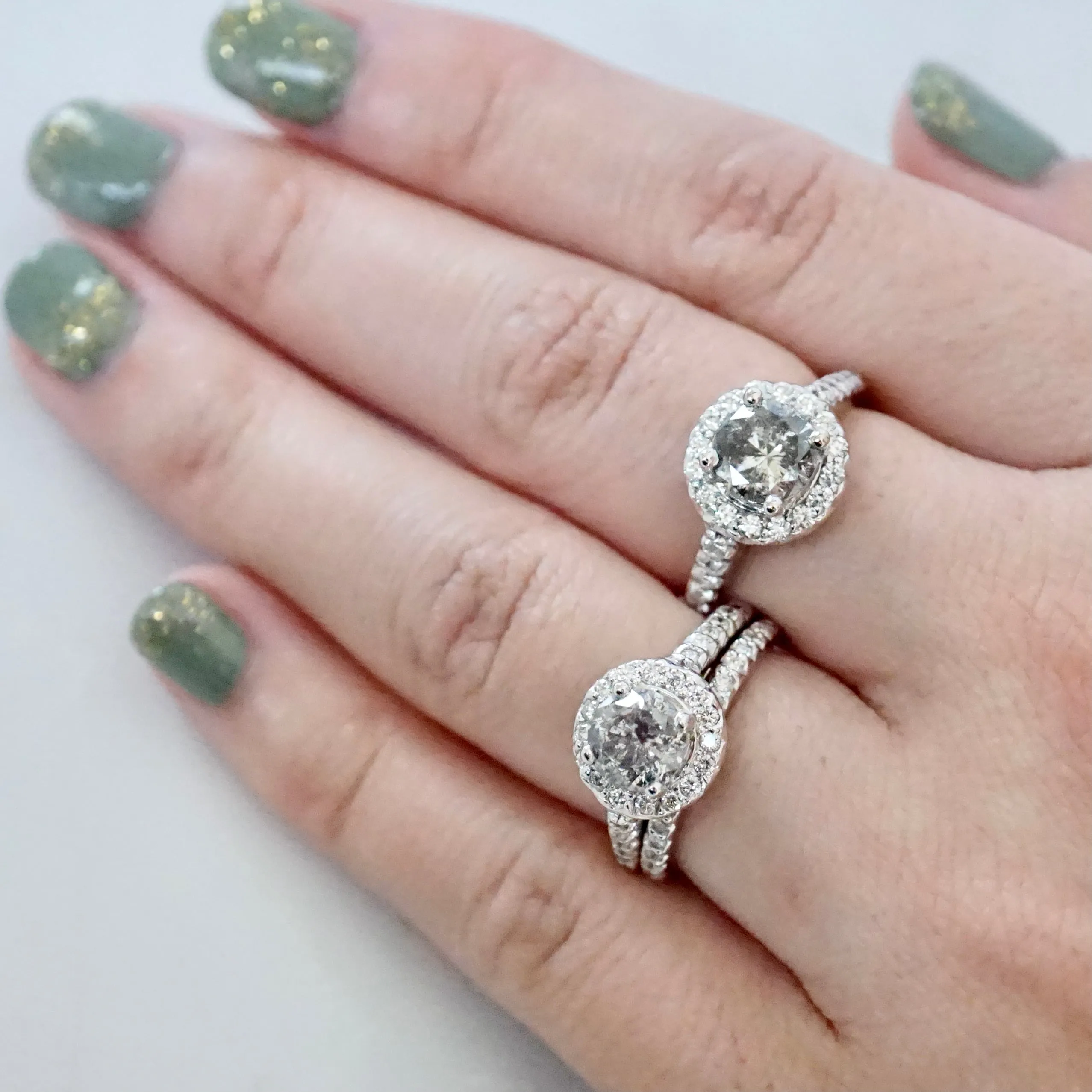 Salt and Pepper Diamond Halo Engagement Ring - Grey Diamond Ring - Women's White Gold Diamond Ring