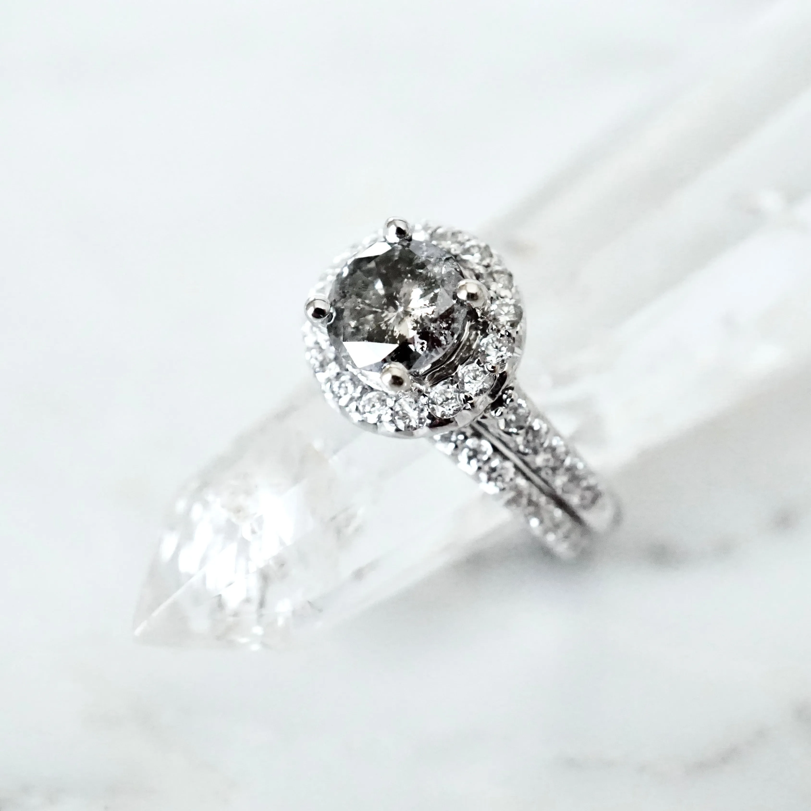 Salt and Pepper Diamond Halo Engagement Ring - Grey Diamond Ring - Women's White Gold Diamond Ring