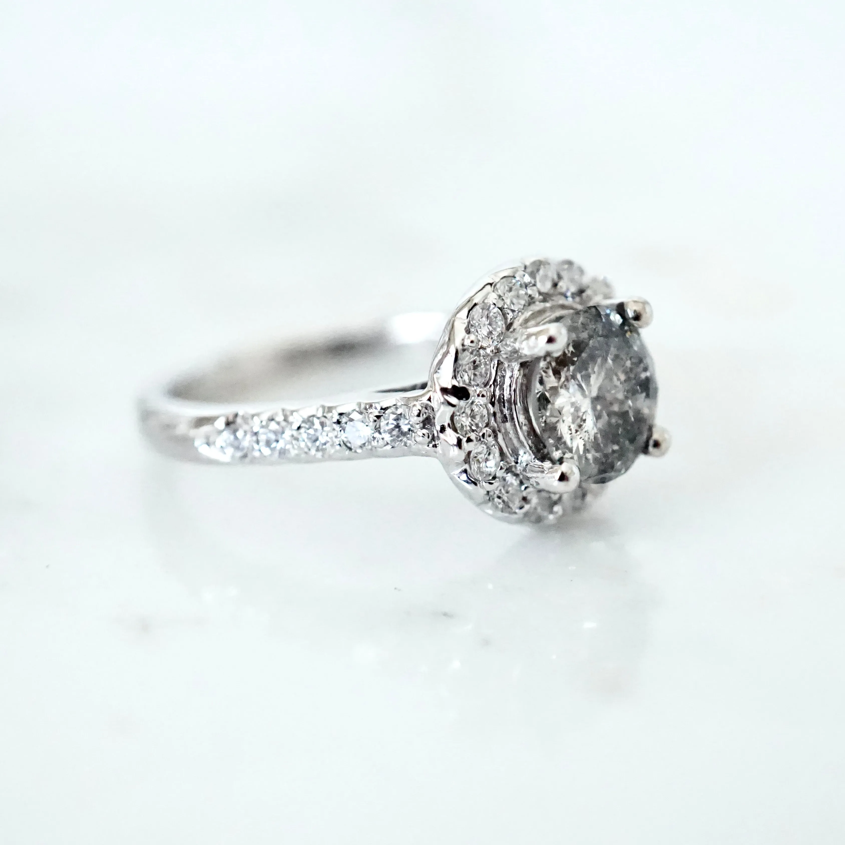 Salt and Pepper Diamond Halo Engagement Ring - Grey Diamond Ring - Women's White Gold Diamond Ring