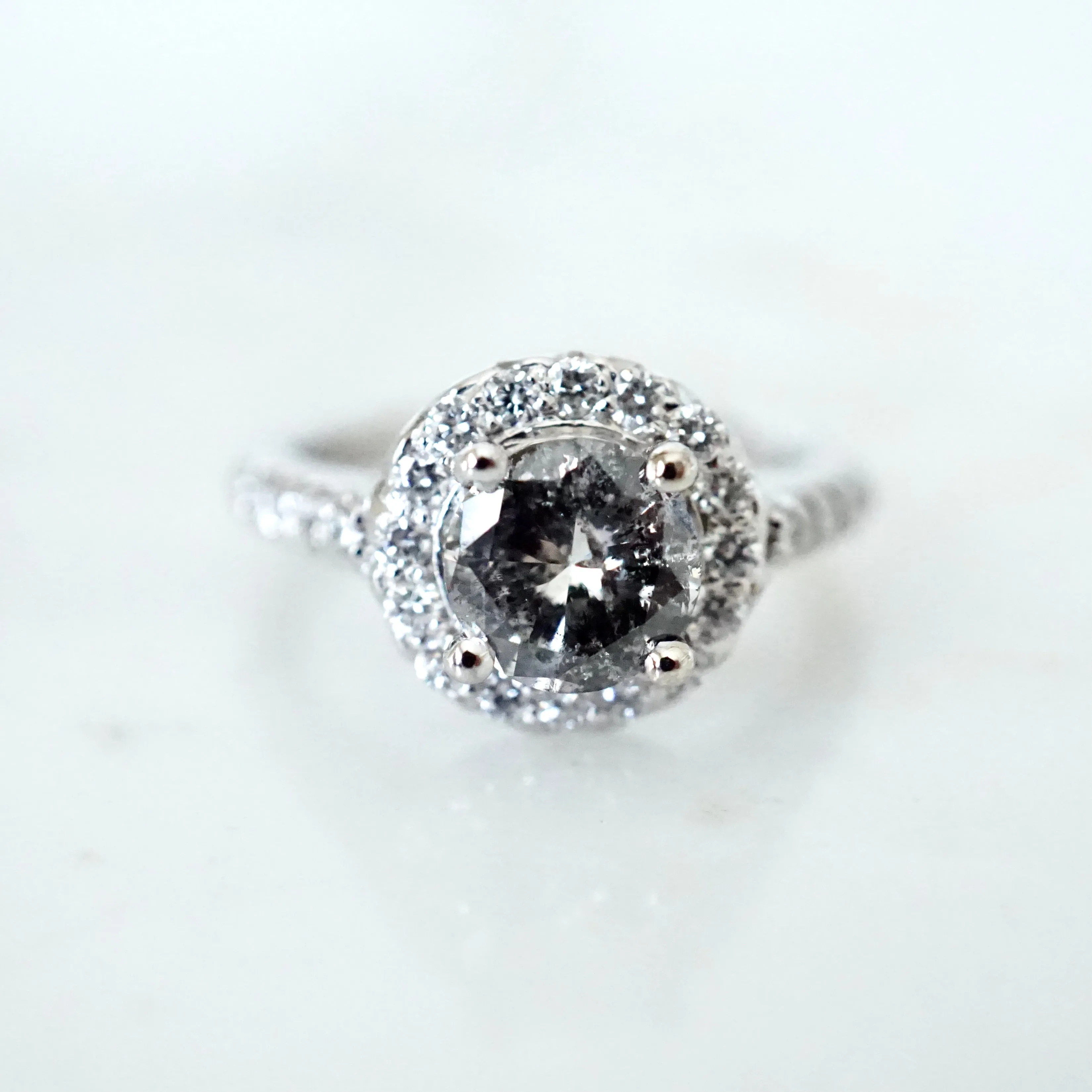Salt and Pepper Diamond Halo Engagement Ring - Grey Diamond Ring - Women's White Gold Diamond Ring