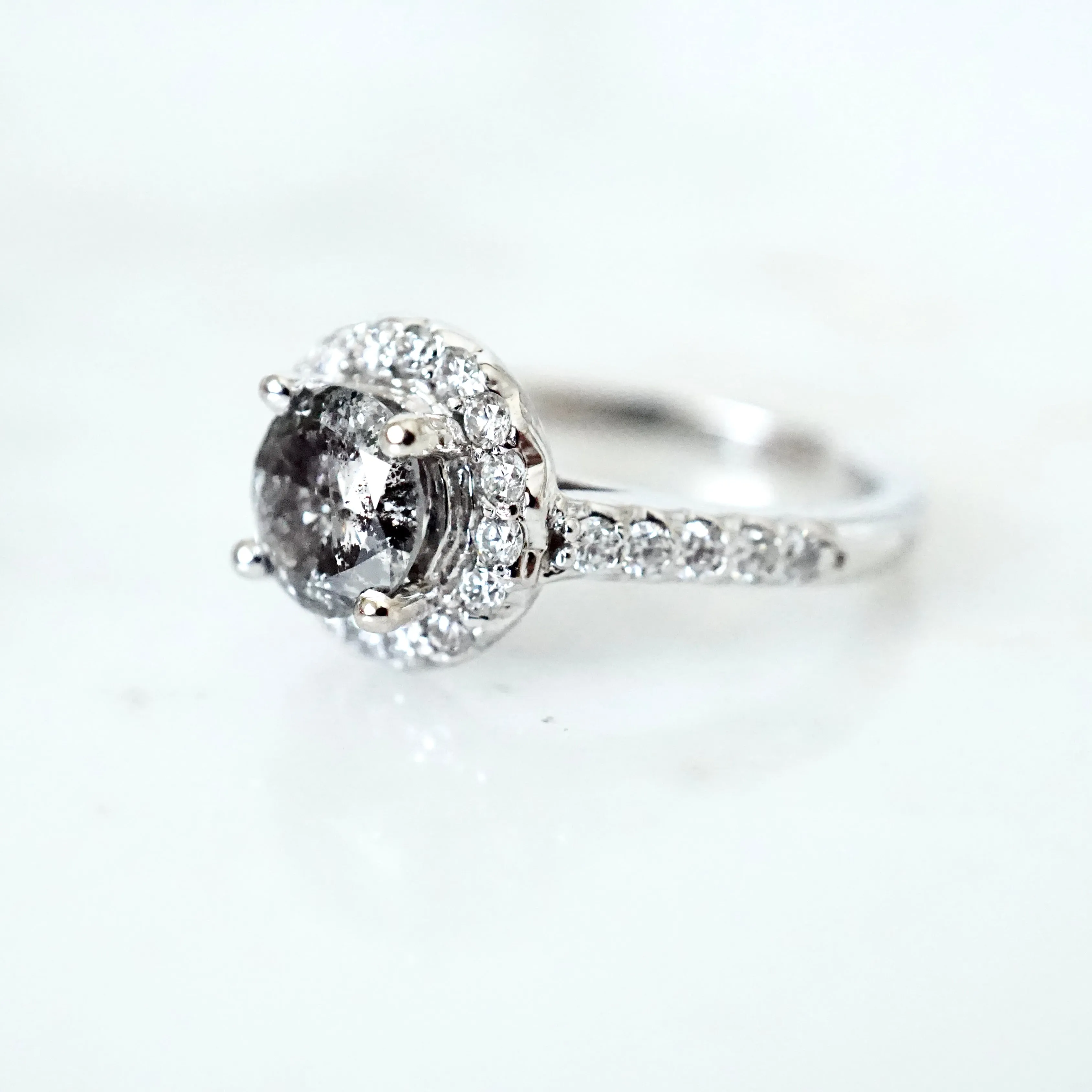 Salt and Pepper Diamond Halo Engagement Ring - Grey Diamond Ring - Women's White Gold Diamond Ring