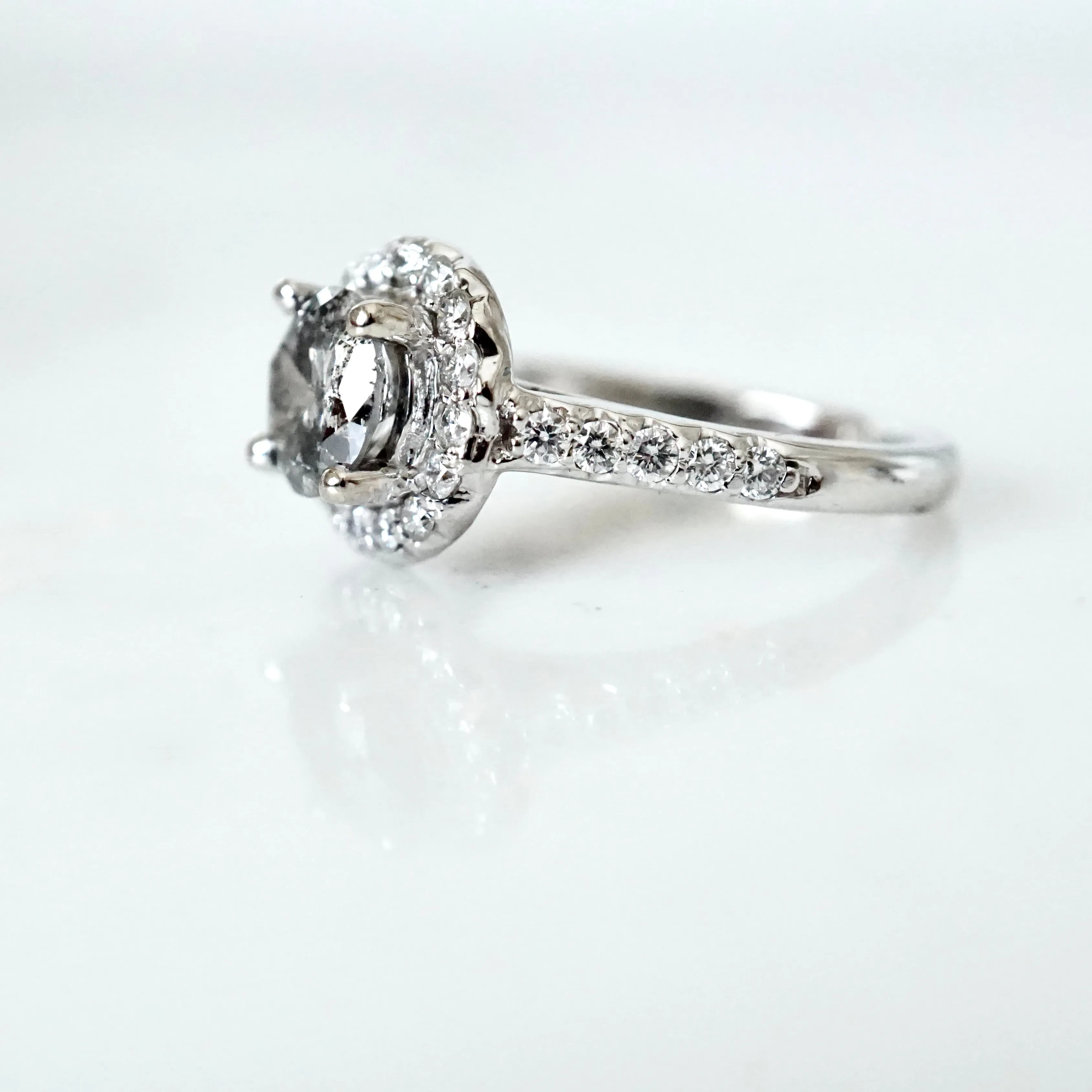 Salt and Pepper Diamond Halo Engagement Ring - Grey Diamond Ring - Women's White Gold Diamond Ring