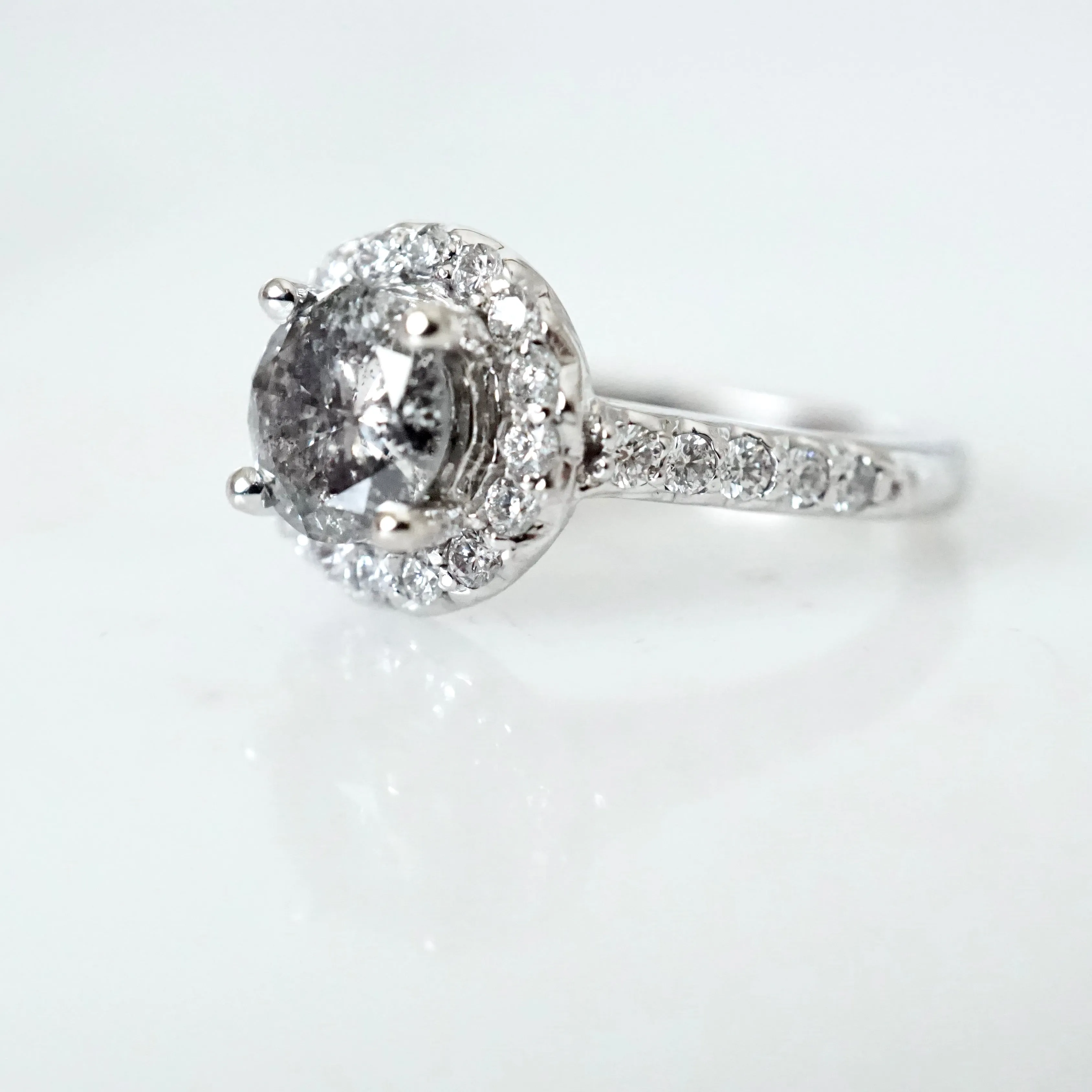 Salt and Pepper Diamond Halo Engagement Ring - Grey Diamond Ring - Women's White Gold Diamond Ring
