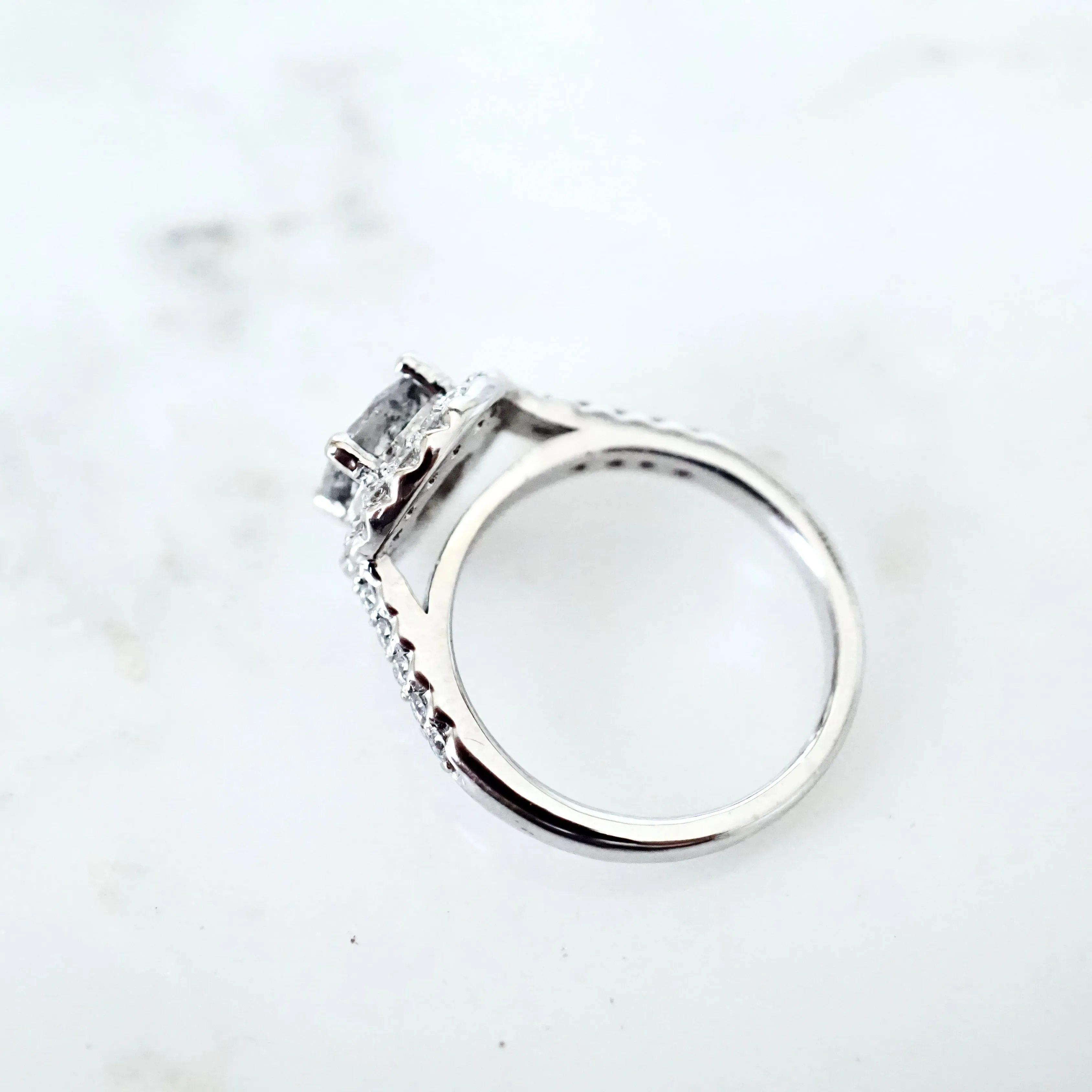 Salt and Pepper Diamond Halo Engagement Ring - Grey Diamond Ring - Women's White Gold Diamond Ring