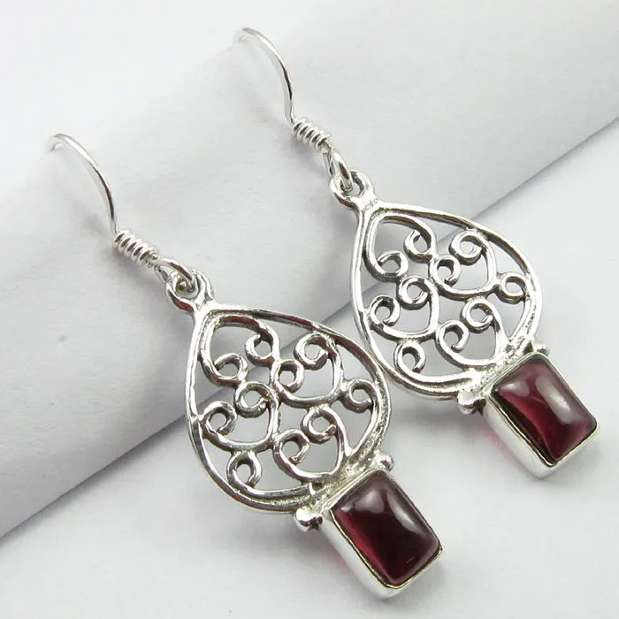 Solid Silver Garnet Moroccan Style Drop Earrings