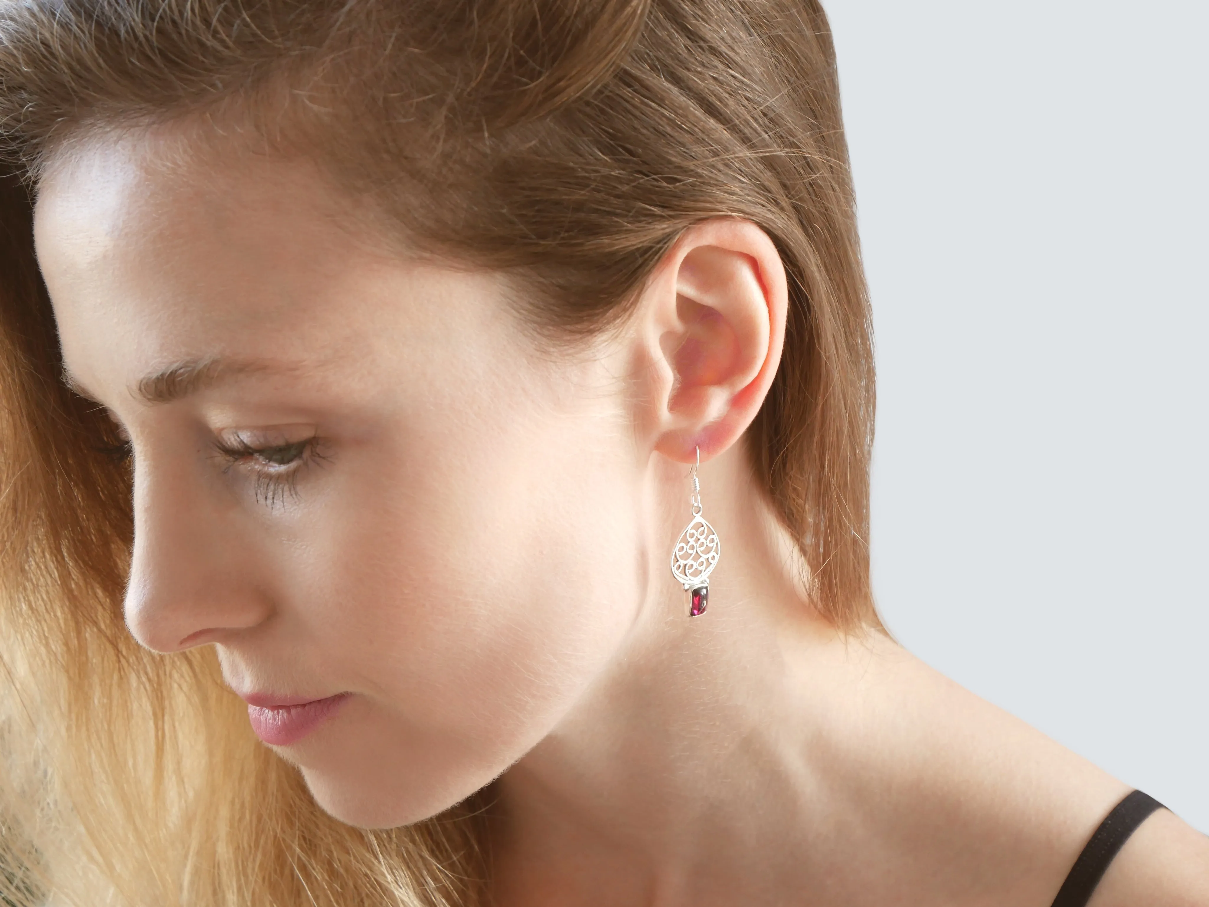 Solid Silver Garnet Moroccan Style Drop Earrings