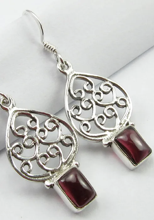 Solid Silver Garnet Moroccan Style Drop Earrings