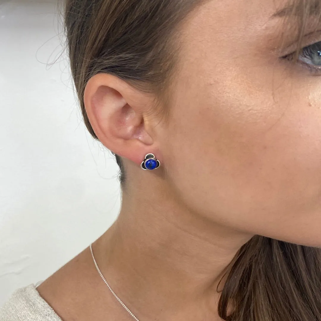 Solid Silver Lapis Lazuli Stud Earrings with Triple Curve Frame