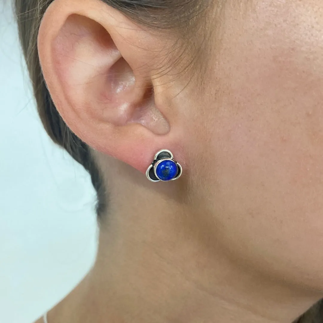 Solid Silver Lapis Lazuli Stud Earrings with Triple Curve Frame