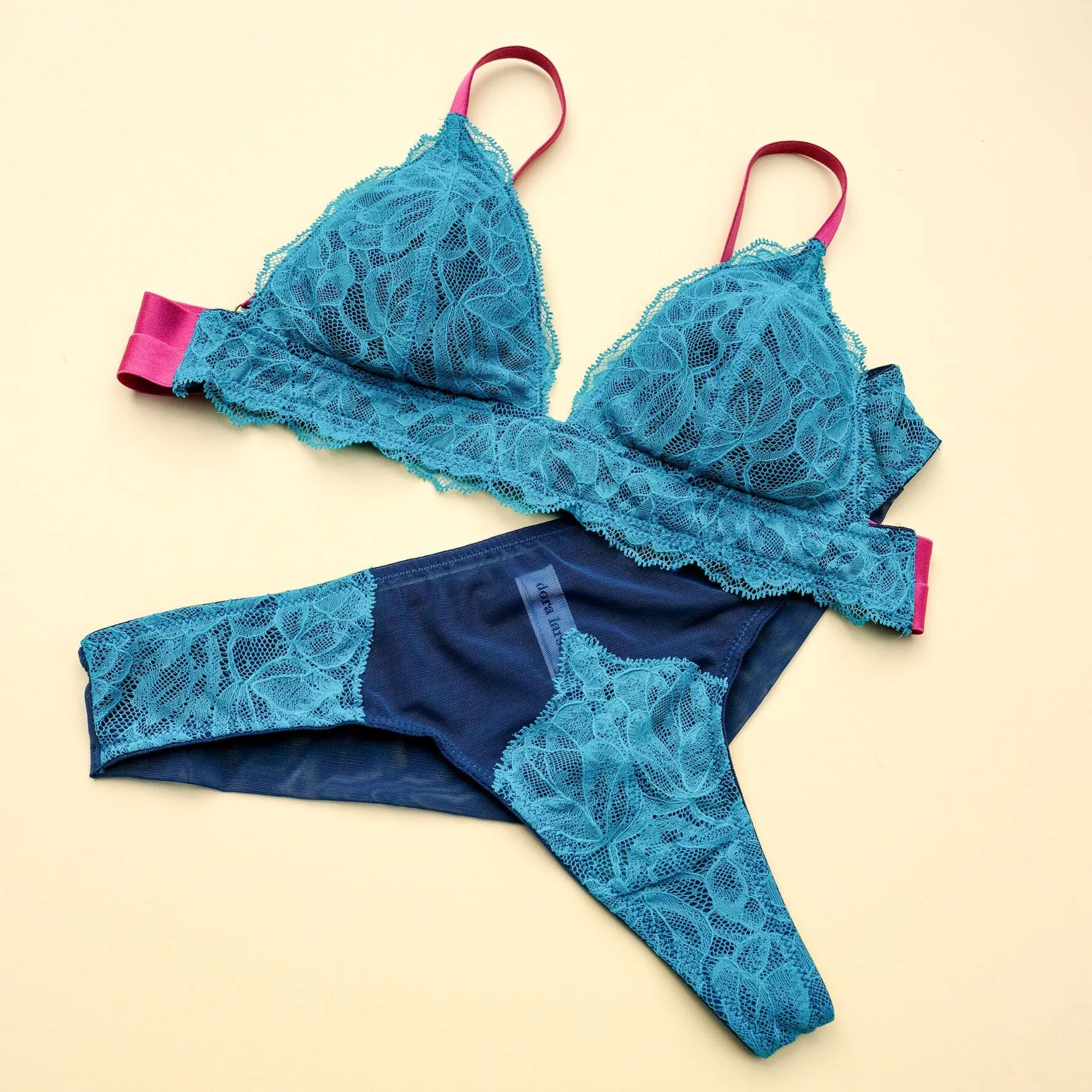 Turquoise lace & navy mesh tanga