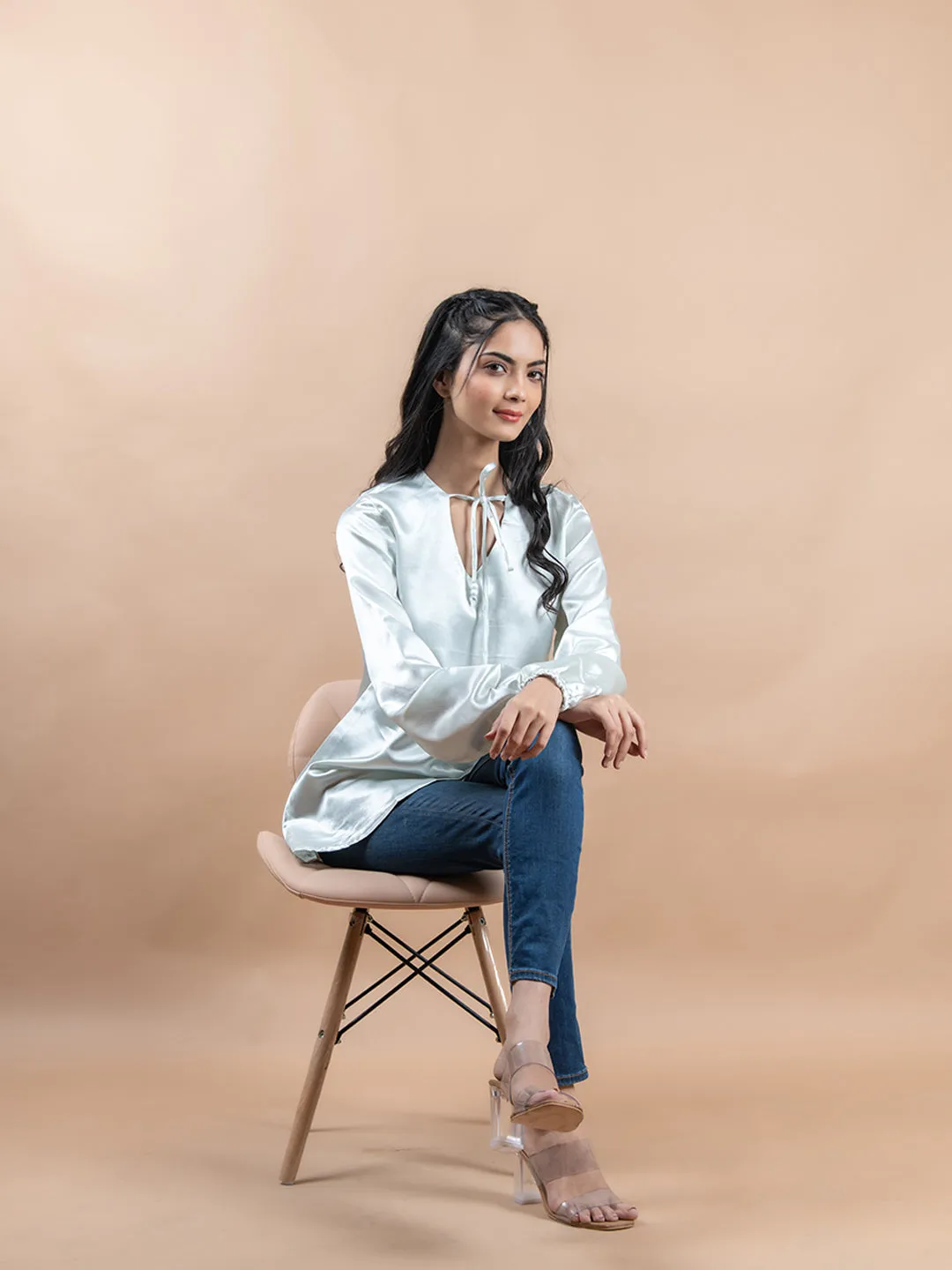 White Satin Full Sleeves Top
