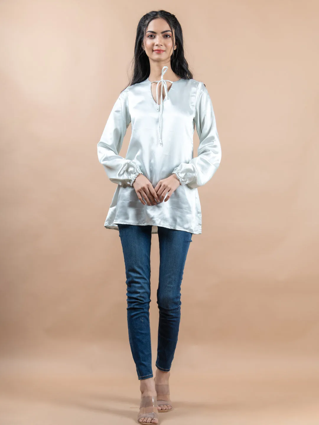 White Satin Full Sleeves Top