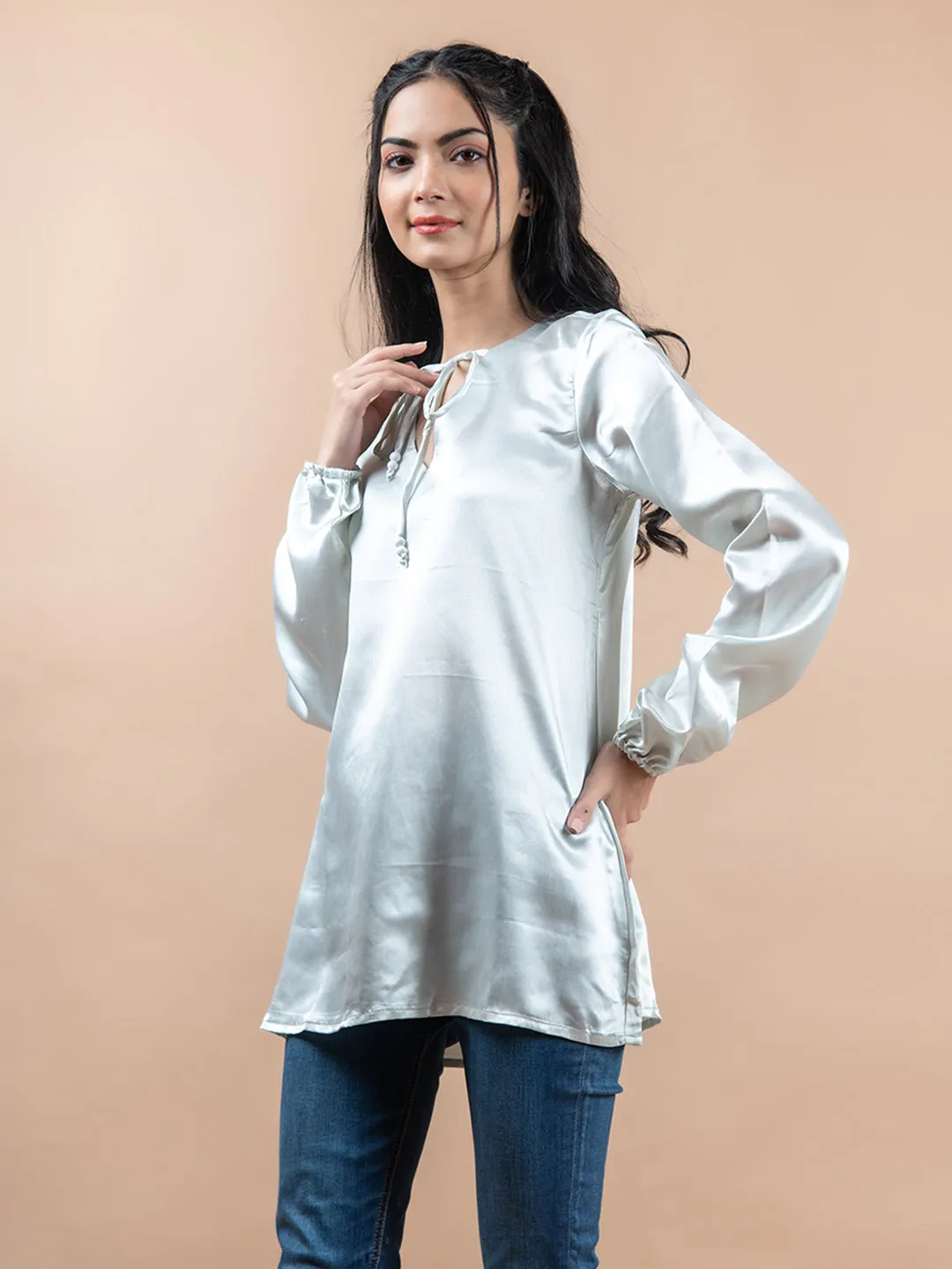 White Satin Full Sleeves Top