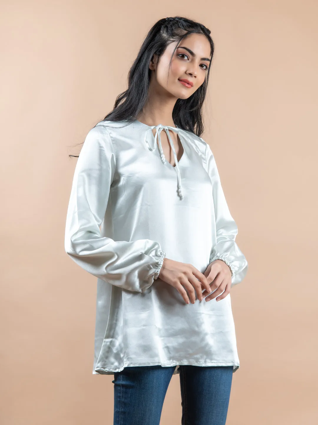 White Satin Full Sleeves Top