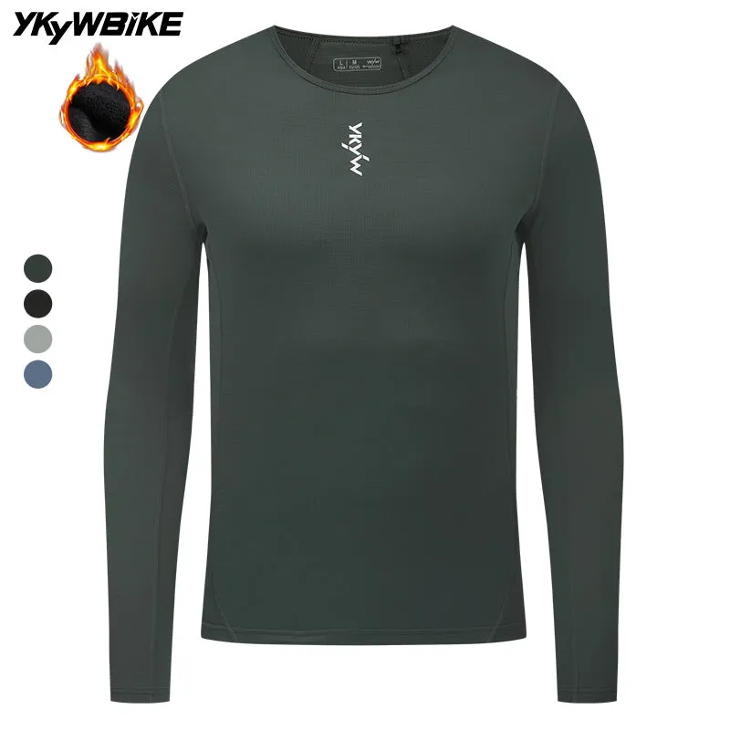 YKYW Men's Cycling Long Sleeve Base Layers Clothing Winter Thermal Fleece Bicycle Undershirt Bike Base Underwear Gray Green